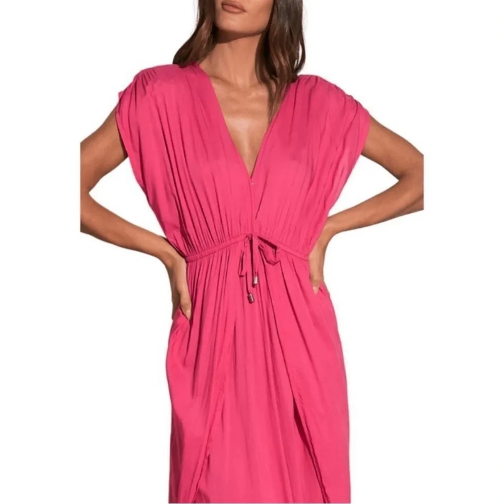 Elan Deep V-Neck Wrap Maxi Coverup Dress Pink Small NWT